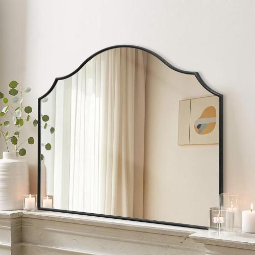 Besdomus Scalloped Arched Mirror for Mantel: 35x26 Black Modern Wooden Wall Mirror - Minimalist Decorative Dresser for Vanity/Bathroom/Bedroom/Fireplace/Living Room/Entryway - Stylish Home Decor