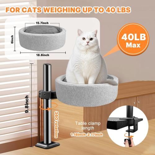 Desk Cat Bed with Soft and Thick Cushions, Four Seasons General Removable Heated Desk Nest Cat Bed, Supports up to 40lbs (Gray)