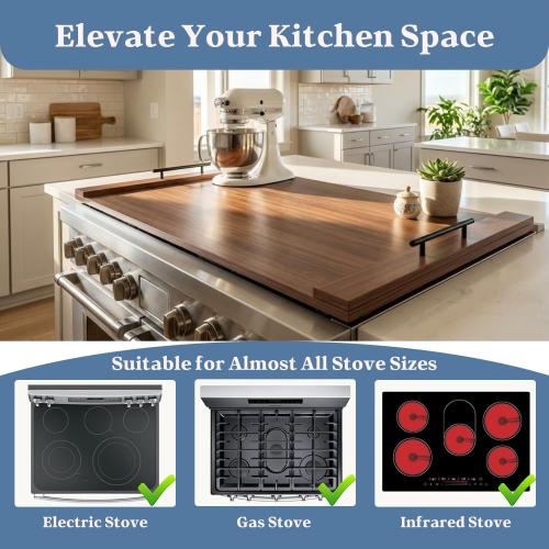 (missing 1 screw of 4 for the handle) Walnut Finish Stove Top Cover for Gas & Electric Range | 30x22 Rustic Noodle Board with Handles | RV Kitchen Workspace Saver