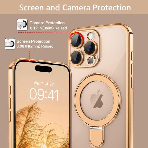 GUAGUA for iPhone 16 Pro Max Case with Stand, Magnetic Clear Cases Plating Edge Invisible Ring Holder Slim Shockproof Protective Kickstand Phone Case for iPhone 16 Pro Max 6.9'', Desert Titanium Gold