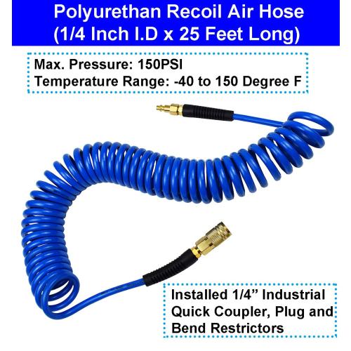 YOTOO Recoil Air Hose Kit with Tire Inflator Gauge, 1/4 Industrial Quick Coupler and Plug for tire infaltion and air Tools