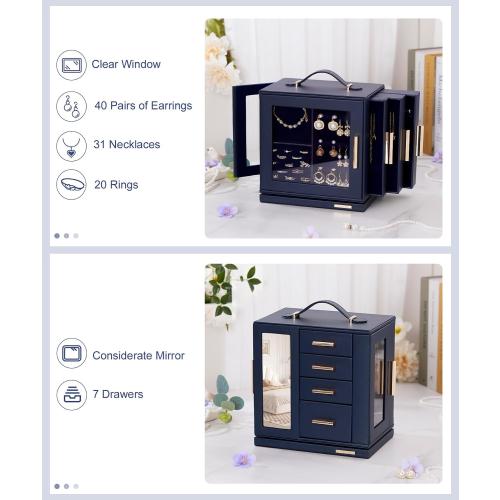 Homde Jewelry Box 360° Rotating, Necklace Earring Organizer with Transparent Window, Mirror, 7 Drawers, Large Ring Display Storage Case for Girls Women (Dark Blue)