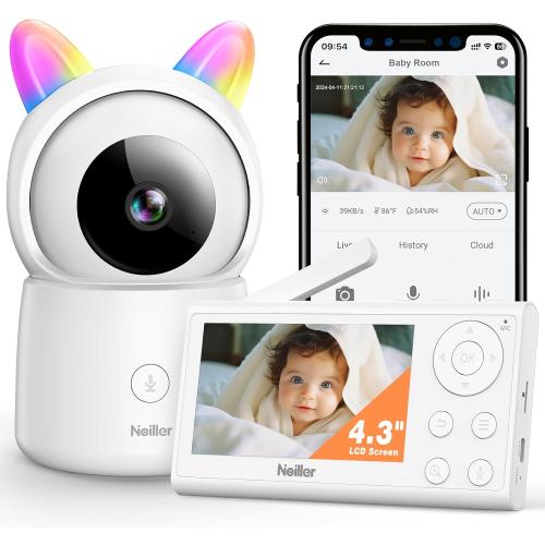 White Baby Monitor, 4.3 Video Baby Monitor with 1080P Camera, Smart 2.4G WiFi Audio Monitor with Remote PTZ, Night Vision, 2-Way Talk, Sleep Mode, RGB Night Lights, Lullabies & 1000ft Range, APP Control