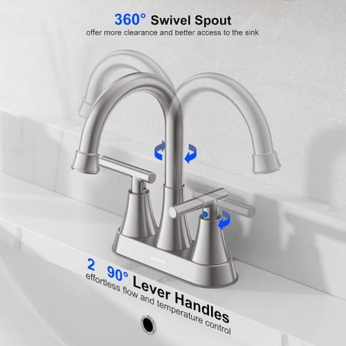 Color Silver Bathroom Faucets for Sink 3 Hole, Hurran 4 inch Brushed Nickel Bathroom Sink Faucet with Pop-up Drain and Supply Lines, Stainless Steel Centerset Faucets for Sink Vanity RV