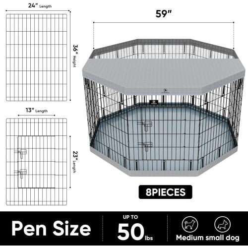 PJYuCien Dog Playpen, 8 Panels 36”H Dog Playpen Indoor with Grey Bottom Pad and Top Cover, Metal Foldable Dog Pen for Indoor Use, Better for Small Medium Animals, Grey