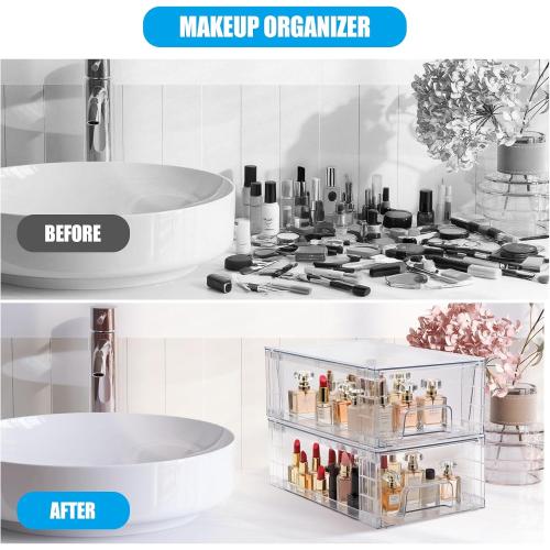 2 Pack Stackable Storage Drawers,Plastic Organizers Bins, Drawers Storage with Handles and Movable Dividers for Organization and Storage in Fridge,Dressers, Pantry, Kitchen Cabinets, Under Sink