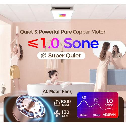 Exhaust Fan with Light & Remote, AC Moter Fans Air Quality Booster,7 RGB Light & Nightlight 3000LM 5 CCT 2700K-6500K Dimmable LED 130 CFM 1 Sone,Memory Function,Bathroom Fans for Ceiling 126B