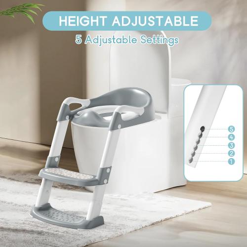 COOSEYA Potty Training Toilet with Step Stool Ladder, Toddler Kids Potty Training Seat for Boys Girls, Foldable Non-Slip Toilet Toddler Seat Splash Guard Soft Cushion Safety Handles (Grey)