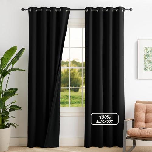 NICETOWN 100% Blackout Curtains for Bedroom, Room Darkening Plylux Black Curtains 84 Inch Long Thermal Insulated Grommet Window Drapes for Living Room, 52 W x 84 L, 2 Panels