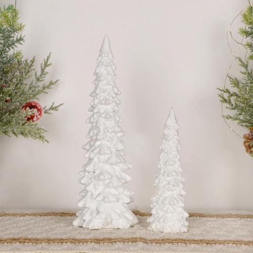 Juegoal Christmas Tree Table Decorations Set of 2, 9.5 White Glittered Xmas Pine Trees, Winter Snow Ornaments Tabletop Resin Trees Dinner Holiday Party Supplies Winter Mantle Shelf Centerpieces Decor