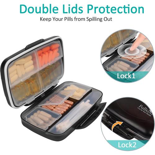 Travel Pill Organizer Large Portable Medication Organizer, Fullicon Oversize 8 Compartment Pill Box, Vitamin Travel Case Pill Holder - Airtight & Moistureproof (Blue)