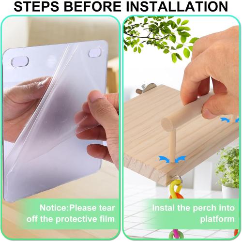 KyoukiBird Perch Platform Bird Toys with Bird Mirror Climbing Ladder Swing, Parakeet Cage Accessories - for Cockatiels, Lovebirds, Budgies,Pacific Parrotlets,Finch,Canaries - Wooden Play Gym
