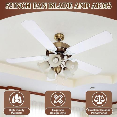 Yaocom 5 Sets 52 Inch Ceiling Fan Replacement Blades and Blade Arms, 5 Replacement Fan Blades and 5 Blade Arms with Mounting Hardware for Bedroom Patio Living Room