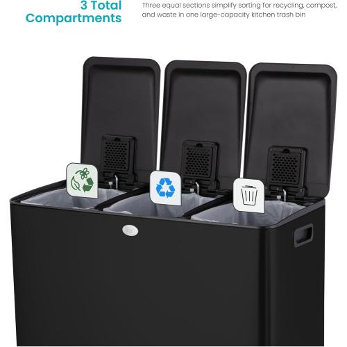 Home Zone Living 24 Gallon Kitchen Trash Can with Three Removable Compartments for Recycling and Trash, Stainless Steel, Black, 8 Gallons Each