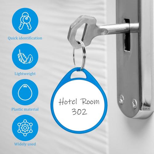 100 Pcs Rack Key Tags with Label 1.5 Inch Reusable Round Plastic Tags with Blank Paper Stickers and Split Rings, Item Identifiers for Home,Office and Rental Management Use (Blue)