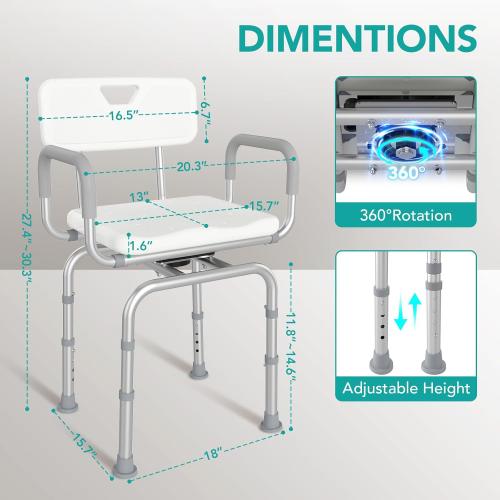360 Swivel Shower Chair with Back and Arms, 400lbs Heavy Duty Adjustable Bath Chair for Elderly Disabled Bariatric Pregnant, Handicap Shower Seat for Inside Tub