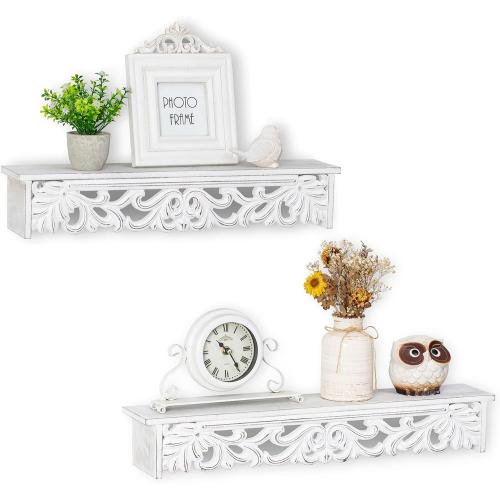 White Floating Shelves for Wall 24inch & 19inch Long - French Country Wall Decor Wood Distressed Mounted Shelf Vintage Hanging Shelving for Bathroom Bedroom 2 pcs