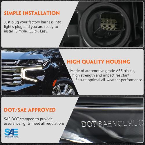 BLACK FIONE Full LED Headlights Assembly Compatible with Chevy Tahoe/Suburban 2021 2022 2023 WITH LED Running Light Factory Headlamps Left Driver Side LH