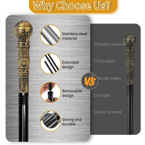Costume Pimp Cane, 42 Metal Prop Stick with Antique Gold Plastic Handle Cosplay Accessories for Halloween Dress-up Party, Suit for All Ages
