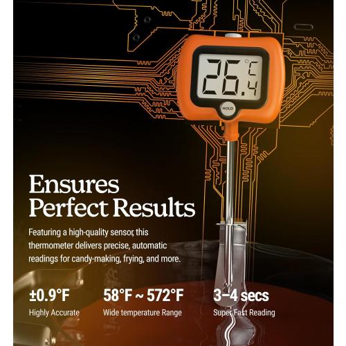 Digital Candy Thermometer with Pot Clip, Instant Read Kitchen Thermometer for Cooking, Baking, and Candy Making – 10 Stainless Steel Probe, LCD Display, Essential Baking Tool
