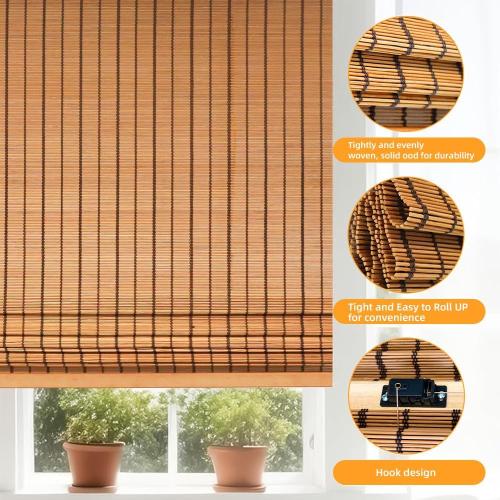 Bamboo Blinds, Shades Roman for Windows Window Home Patio & Shade 27 W X 60 H - Light Filtering Cordless Blinds for Interior Windows - Real Natural Bamboo Material - Mounting Hardware Included