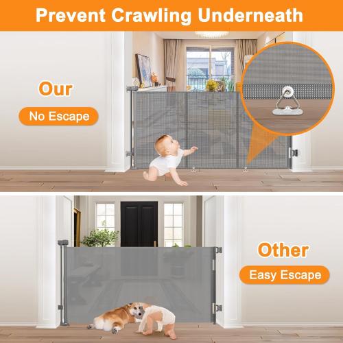 Size 55 Color Grey Reinforced No Drill Retractable Baby Gates for Dogs No Drilling Mesh Dog Gate with Support Rod to Prevent Crawling Underneath, 55 Wide Retractable Dog Gate for Stairs No Drilling Retractable Pet Gate