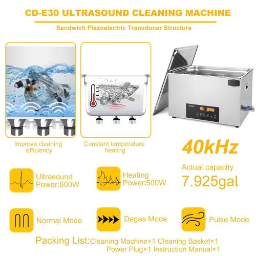 30L Ultrasonic Cleaner Dual-Frequency Professional Digital Stainless Steel Cleaning Machine with Heater Timer for Carburetor, Parts, Circuit Board, Glasses, Denture, Jewelry