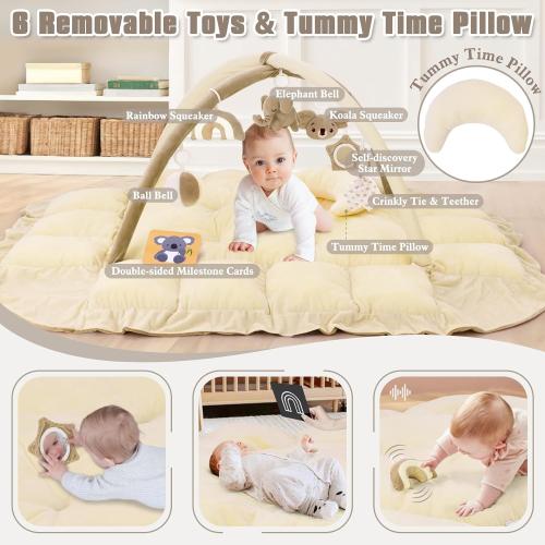 5-in-1 Plush Baby Play Gym & Activity Mat, Baby Play Mats, Baby Gym with Convertible Design, Tummy Time Mat with Pillow, 6 Sensory Toys for Newborn to Toddler, Cream