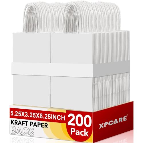 XPCARE White Paper Bags with Handles, 200Pcs 5.25x3.25x8.25'' Kraft Bags