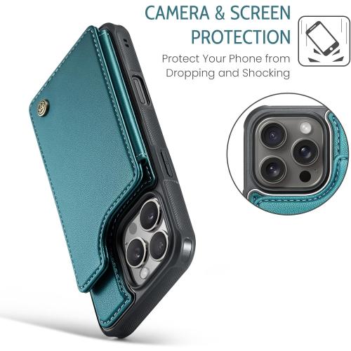 Compatible with iPhone 16 Pro 6.3 Wallet Case with Card Holder RFID Blocking for Women Men, Double Magnetic Clasp Kickstand Shockproof Phone Case Fit for iPhone 16 Pro, Bluish Green