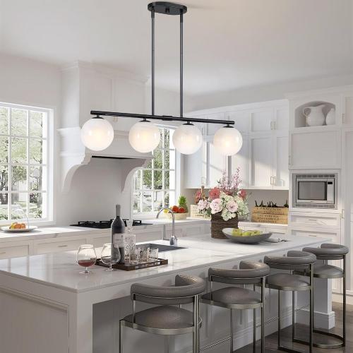 Black Mid Century Globe Sputnik Chandelier Black Island Light Linear Chandelier Milky Art Glass Shade Globe Pendant Light Fixture for Bedroom Living Room Hallway Dining Room Kitchen T720604L-BK