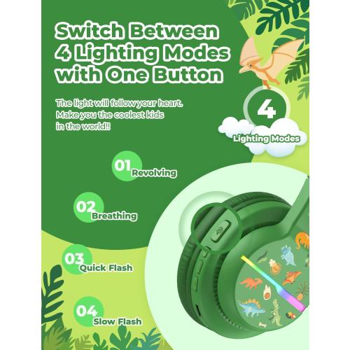 iClever BTH12 Kids Bluetooth Headphones,Colorful LED Lights Wireless Kids Headphones,74/85dBA Safe Volume,85H Playtime,Bluetooth 5.2,Over Ear Dinosaur Headphone Built-in Mic for iPad/Tablet/Airplane