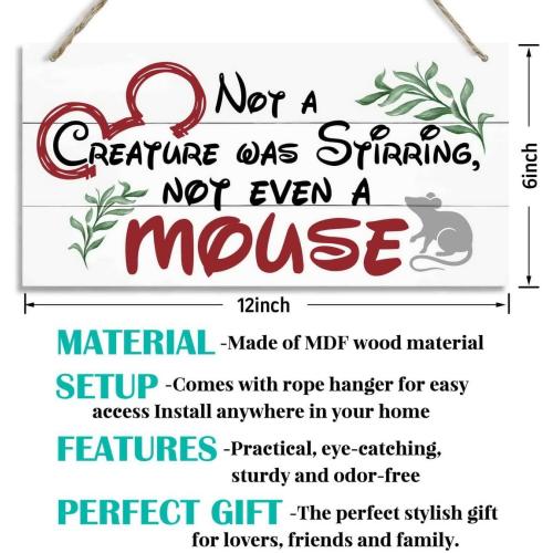 Christmas Door Sign Decor, Not a Creature was Stirring, not Even a Mouse, Winter Seasonal Christmas Wall Art Hanging Wooden Sign Merry Xmas Holiday Decorations for Home Outside Indoor