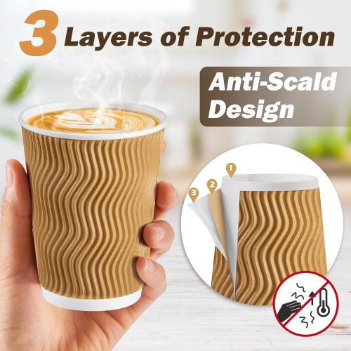 90 pack SIUQ 12 oz Coffee Cups-90 Pack Disposable Coffee Cups with Lids and Straws, Insulated Ripple Wall To Go Paper Coffee Cup for Coffee, Hot Chocolate and Hot Tea Drinks - Champagne