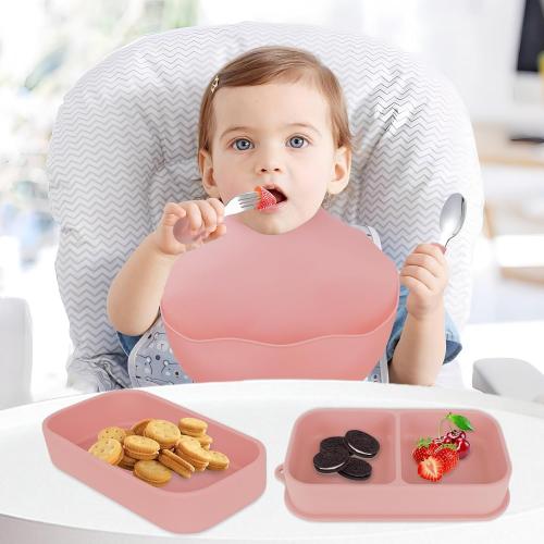 Travel Silicone Baby Feeding Set with 316 Stainless Steel Spoon & Fork ,Silicone Suction Plates, Foldable Bib, Storage Bag - Portable Infant Toddler Utensils, 6-Piece BPA-Free Dishware Kit（pink）