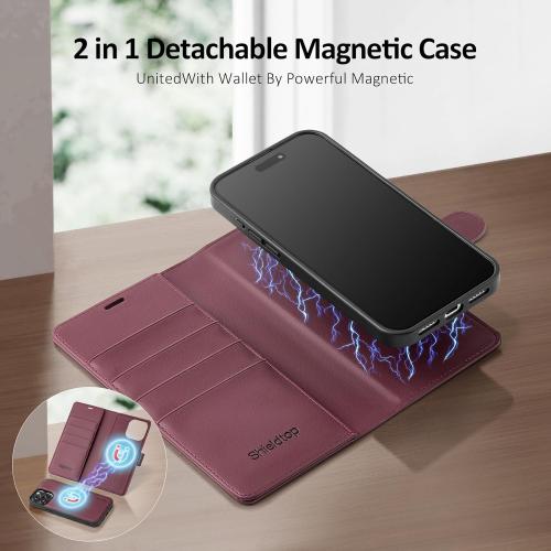Shieldtop Compatible with Magsafe Magnetic 2 in 1 Detachable iPhone 13 Pro Max Wallet Case with Card Holder Credit Slots Men Women,PU Leather RFID Blocking Flip Kickstand for Apple 13 Pro Max,Wine Red