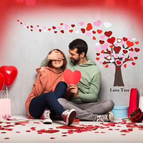 224 Pcs Heart Stickers Valentines Craft Kit Red Pink Foam Heart Shaped Tree Glitter Self Adhesive Stickers Valentines Classroom Gifts for Art Family Activity