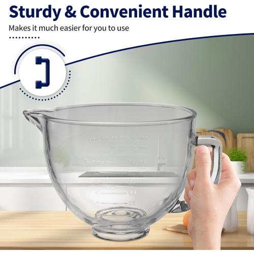 Glass Bowl for KitchenAid Stand Mixer,5 Quart,Glass Mixing Bowl Replacement for KitchenAid 4.5 and 5 Quart Tilt-Head Stand Mixers with Measurement Markings