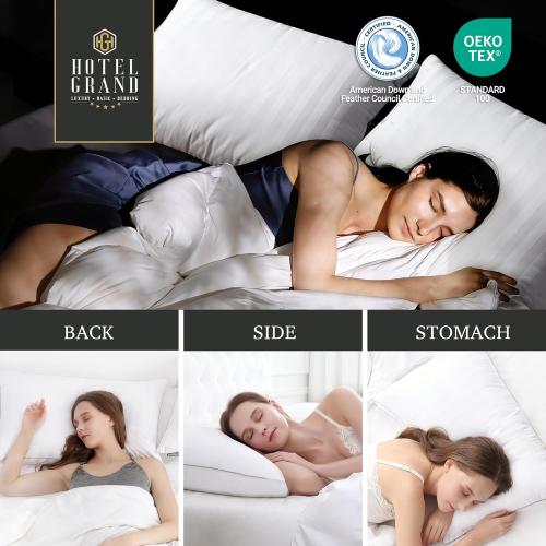 Hotel Grand Bed Pillows King Size Set of 2 Packs - 500 Thread Count 100% Cotton Medium Firm Hypoallergenic Feather Down Pillows Machine Washable Pillow for Back, Stomach or Side Sleepers, 20x36