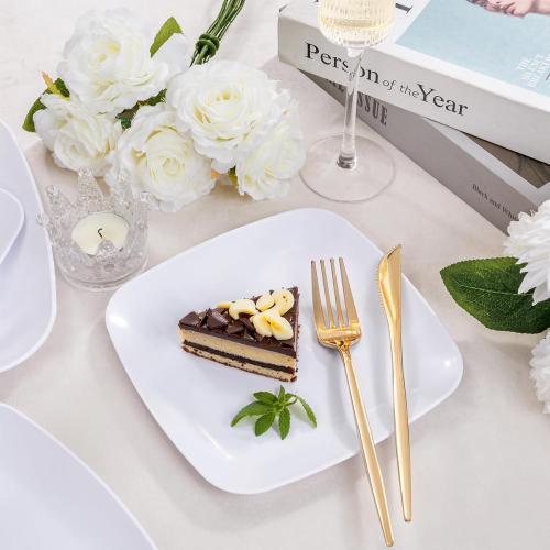 PULOTE 60PCS White Square Plastic Plates Disposable - Heavy Duty Party Plates Include 30 Dinner Plates,30 Dessert Plates for Parties&Weddings