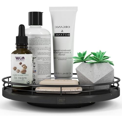 10 Oak Bathroom Vanity Tray Turntable for Perfume Candle, Round Wooden Decorative Tray for Kitchen Sink Countertop Organizer, Bathroom Counter Organizer for Skincare Makeup, Farmhouse Black Gold