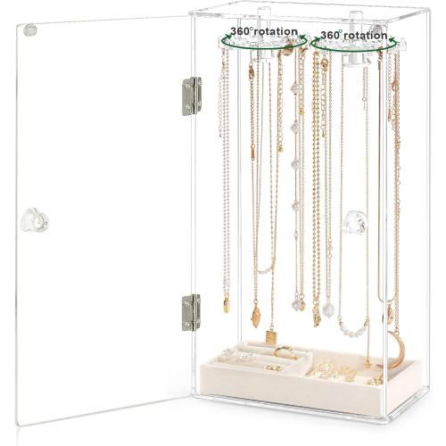 Clear 12.5 x 6.3 x 3.3 Necklace Holder, Acrylic Jewelry Organizer with 24 Hooks, Rotation Clear Necklaces Pendant Display Case Stand, Dust-proof Velvet Tray Hanging Rack Storage for Earrings Rings