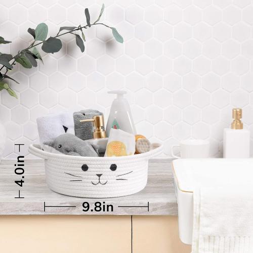 HiChen Small Woven Basket, Cute Cat Toy Basket for Living Room, Decorative Nursery Bin for Toys, Diapers, Empty Gift Baskets for Baby, White, 9.8 x 4 inches