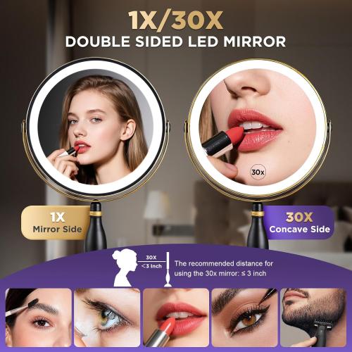 30x Magnifying Mirror with Light, Matte Black with Gold Trim, Makeup Mirror with 3 Color Lights & Brightness Adjustable, 5000mAh Rechargeable Vanity Mirror, Modern Style Side Touch   Side Charge
