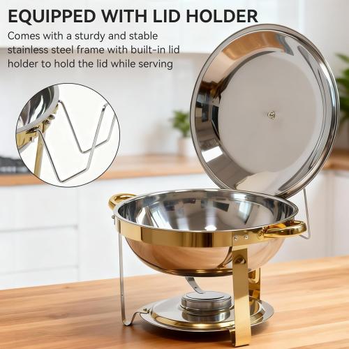 6QT Gold Chafing Dishes for Buffet, 304 Stainless Steel Food Pan with Lid, Round Chafing Dish Buffet Set of 4 Pack Food Warmer, Food Warmers for Parties Buffet Catering Events Dinners