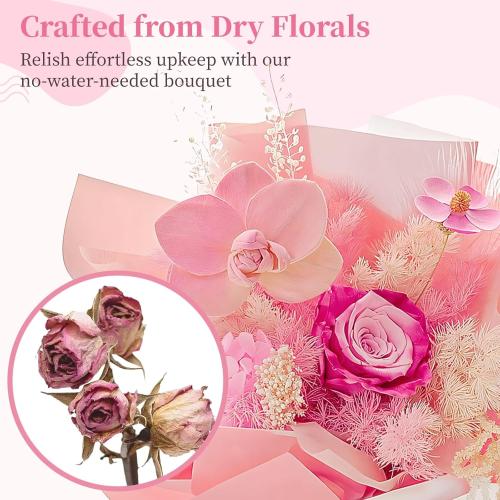 Color Pink Preserved Flowers Bouquet for Women, Eternal Flower Bouquet in Present Box, Real Dried Rose for Valentine's, Birthday, Graduation, Pink-White Mix with Card