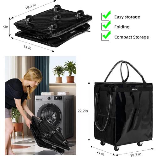 (Large, Black) Reusable Grocery Bag on 5 Wheels, Foldable Rolling Tote Carries Up to 76lb Shopping Trolley, Rolling Bag with 3 Handles, Zipper Clouser Rolling Tote Bag with Wheels for Laundry