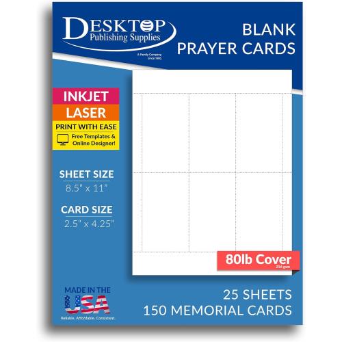 Printable Blank Memorial Cards for Funeral - 150 Prayer Cards (25 Sheets) - Thick 80lb Cover (White Matte Finish) - For Inkjet & Laser Printers - Quality Keepsake for Celebration of Life
