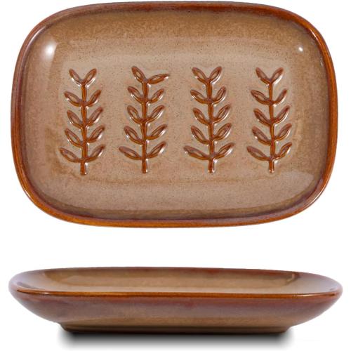 HighHerz Aesthetic Ceramic Soap Dish for Shower, Soap Holder with Raised Relief, Shower Soap Dish for Shampoo Bar Or Sponge, Soap Saver for Bathroom, Kitchen, Sink, Decorative Soap Tray (Brown)