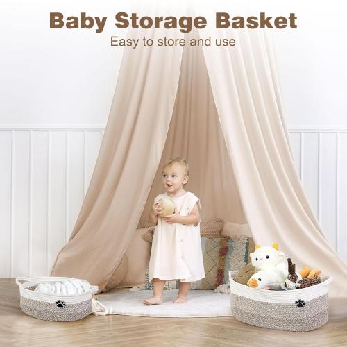 White and Brown Dog Toy Basket, Toy Box and Bin for Dog Cat Storage, 19.7 X 11 X 7.9 (30L) Large Woven Rope Basket for Blanket Storage, Living Room, Bedroom